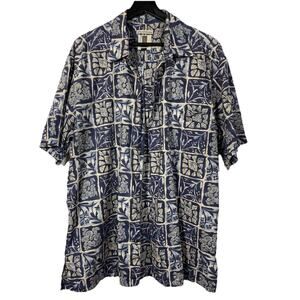 Tori Richard Shirt Men XL Blue Tan Hawaiian Camp Floral Cotton Lawn USA Hawaii
